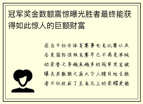 冠军奖金数额震惊曝光胜者最终能获得如此惊人的巨额财富